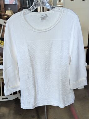 CJ Banks White Textured Knit Crewneck Pullover 100% Cotton